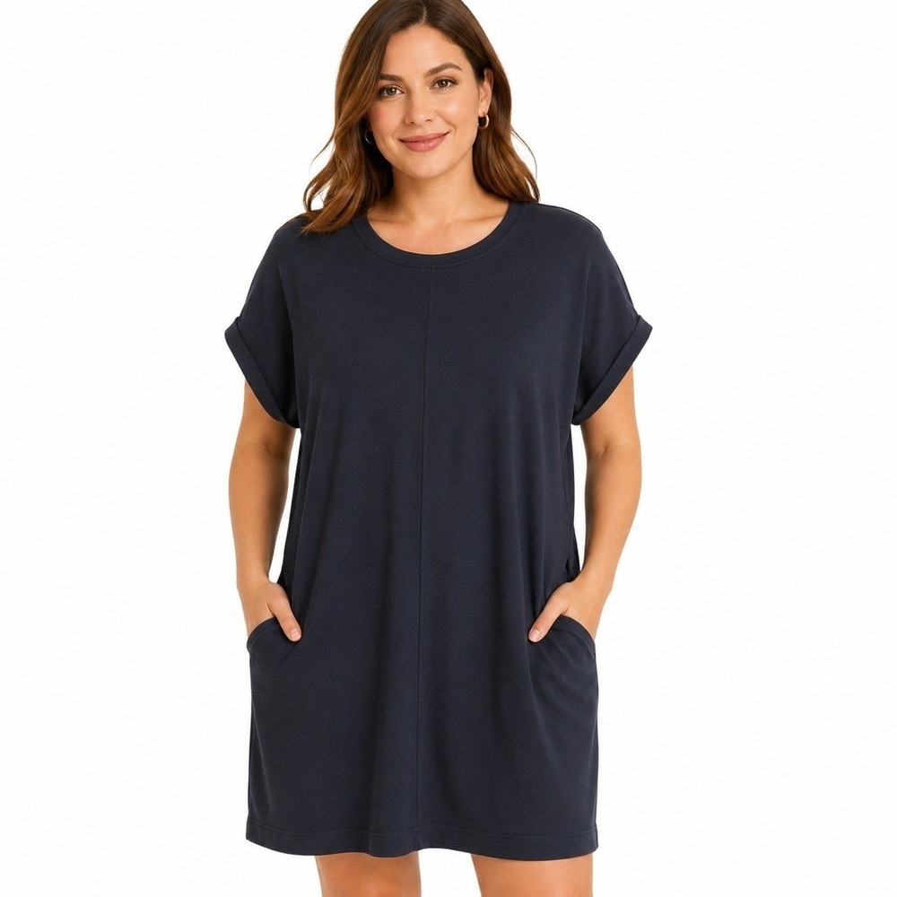 J.JIll Fit Dress Womans 1X Navy Blue Crew Neck Cuff Short Sleeve T-Shirt Pockets